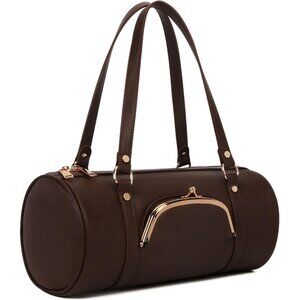 Women Dark Brown Kiss Lock Barrel Bag PU Leather Boston Shoulder Purse